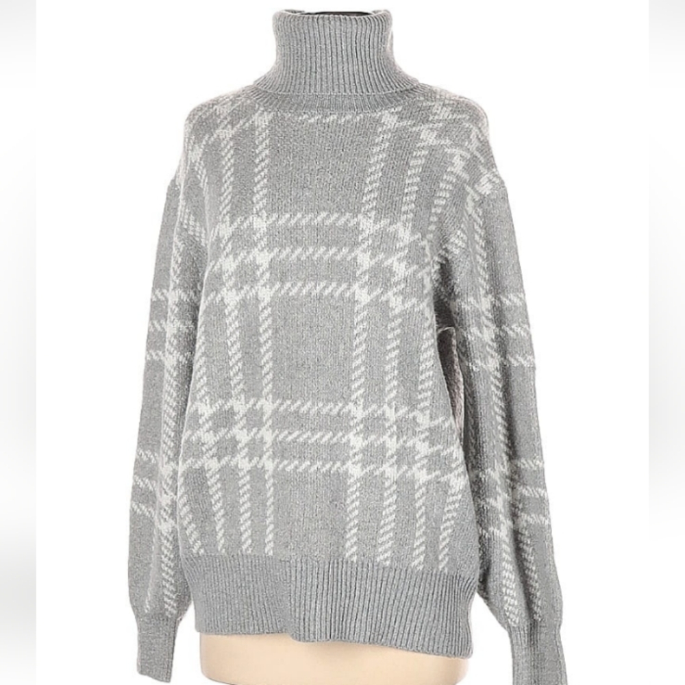 Olive & Oak Soft Gray Plaid Turtleneck Women's Sweater